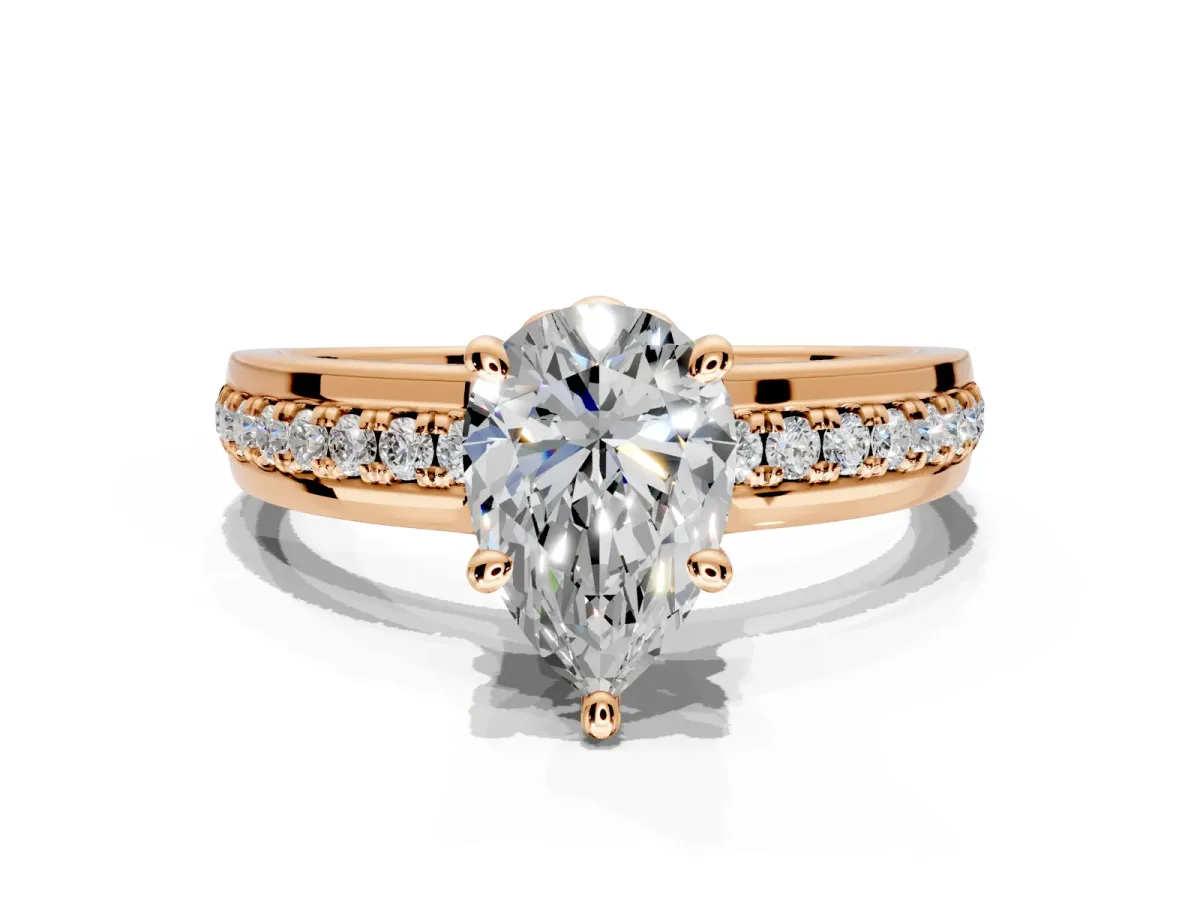 Solitaire Engagement Ring Setting for Pear-Shaped Center with Raised Channel Band and Prong Head in Rose Gold