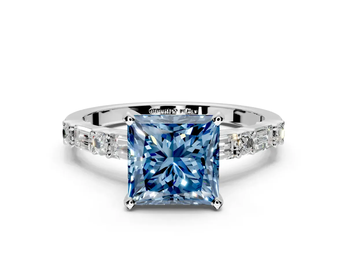 Baguette Engagement Ring Setting for Fancy Blue Princess Cut Center with Alternating Bar-Set Band and Prong Head in Platinum