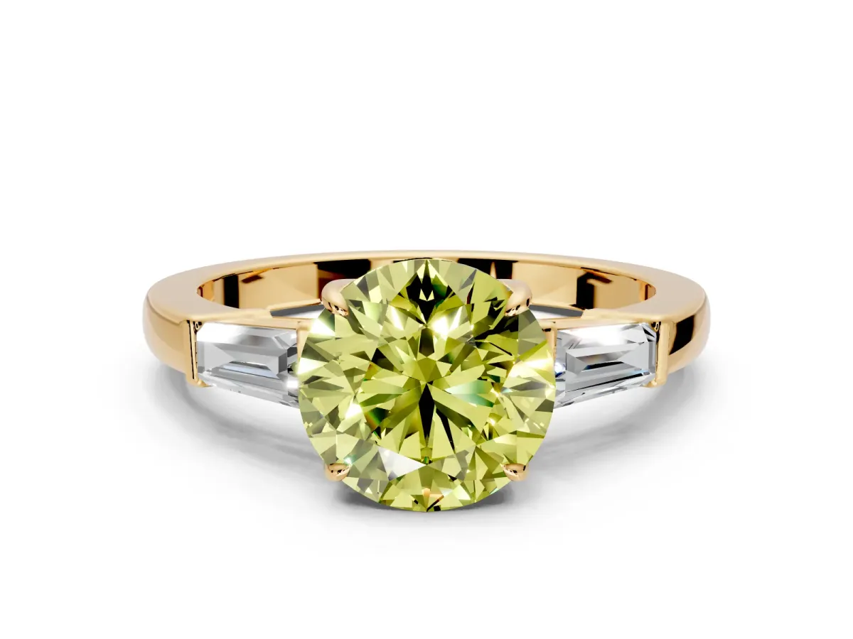 3 Stone Engagement Ring Setting for Fancy Yellow Round Cut Center with Baguette Accents and Prong Head in Yellow Gold