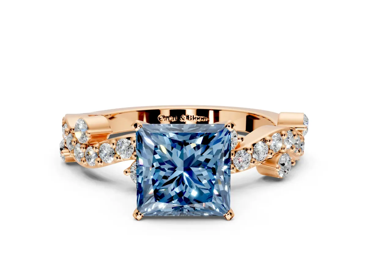 Solitaire Engagement Ring Setting for Fancy Blue Princess Cut Center with Bar-Station Pave Twist and Prong Head in Rose Gold