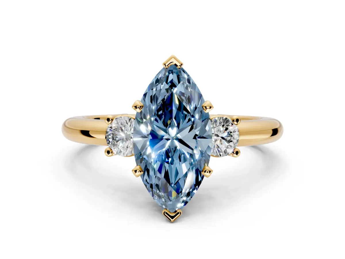 3 Stone Engagement Ring Setting for Fancy Blue Marquise Center with Wide Plain Band and Prong Head in Yellow Gold