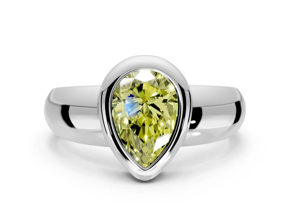 Solitaire Engagement Ring Setting for Fancy Yellow Pear-Shaped Center with Wide Band and Bezel Head in Platinum