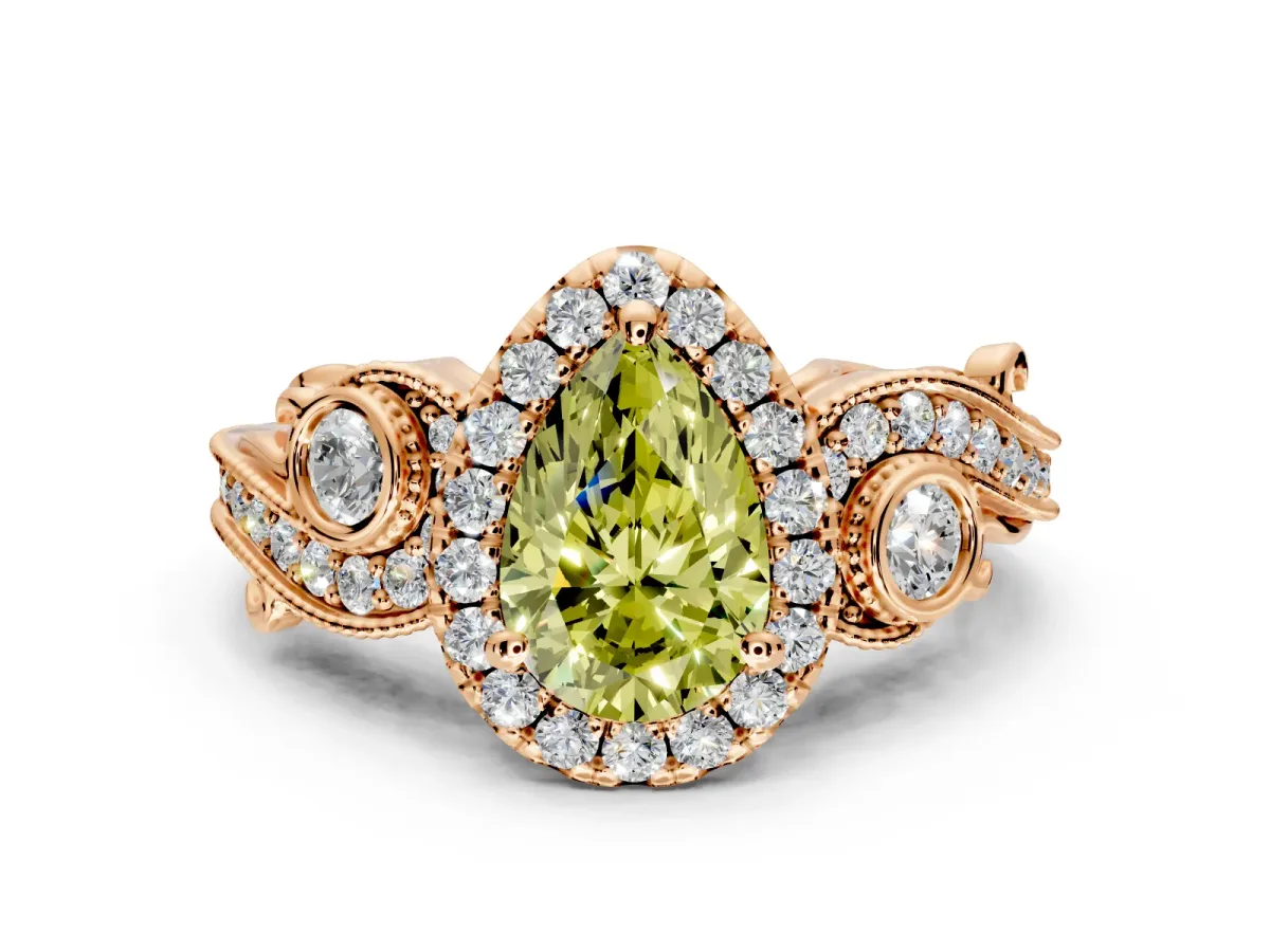 Milgrain Halo Engagement Ring Setting for Fancy Yellow Pear-Shaped Center with Shoulder Bezels and Prong Head in Rose Gold