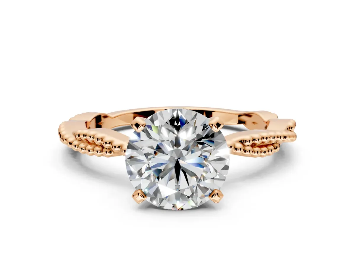 Solitaire Engagement Ring Setting for Round Cut Center with Twist Band and Bead Prong Head in Rose Gold
