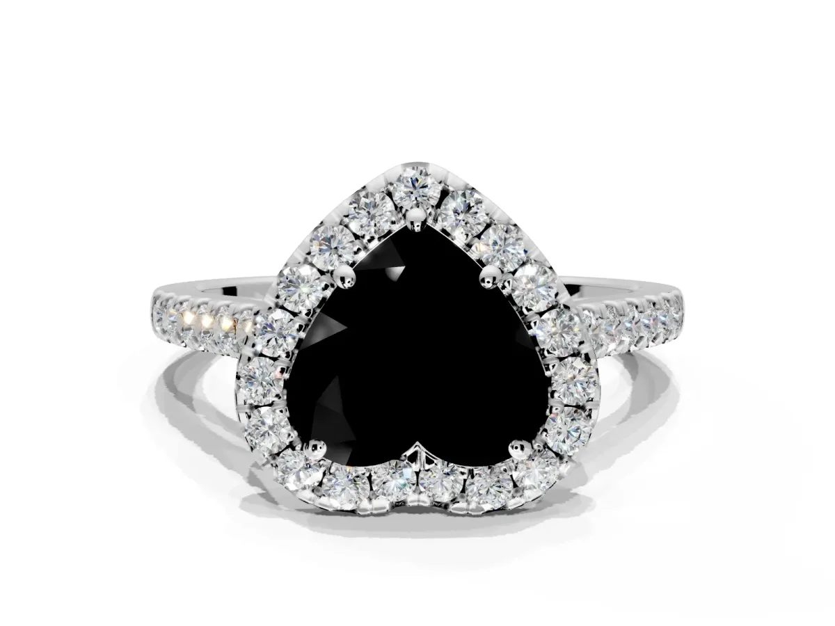 Halo Engagement Ring Setting for Fancy Black Heart-Shaped Center with Narrowing Pave Band and Prong Head in White Gold
