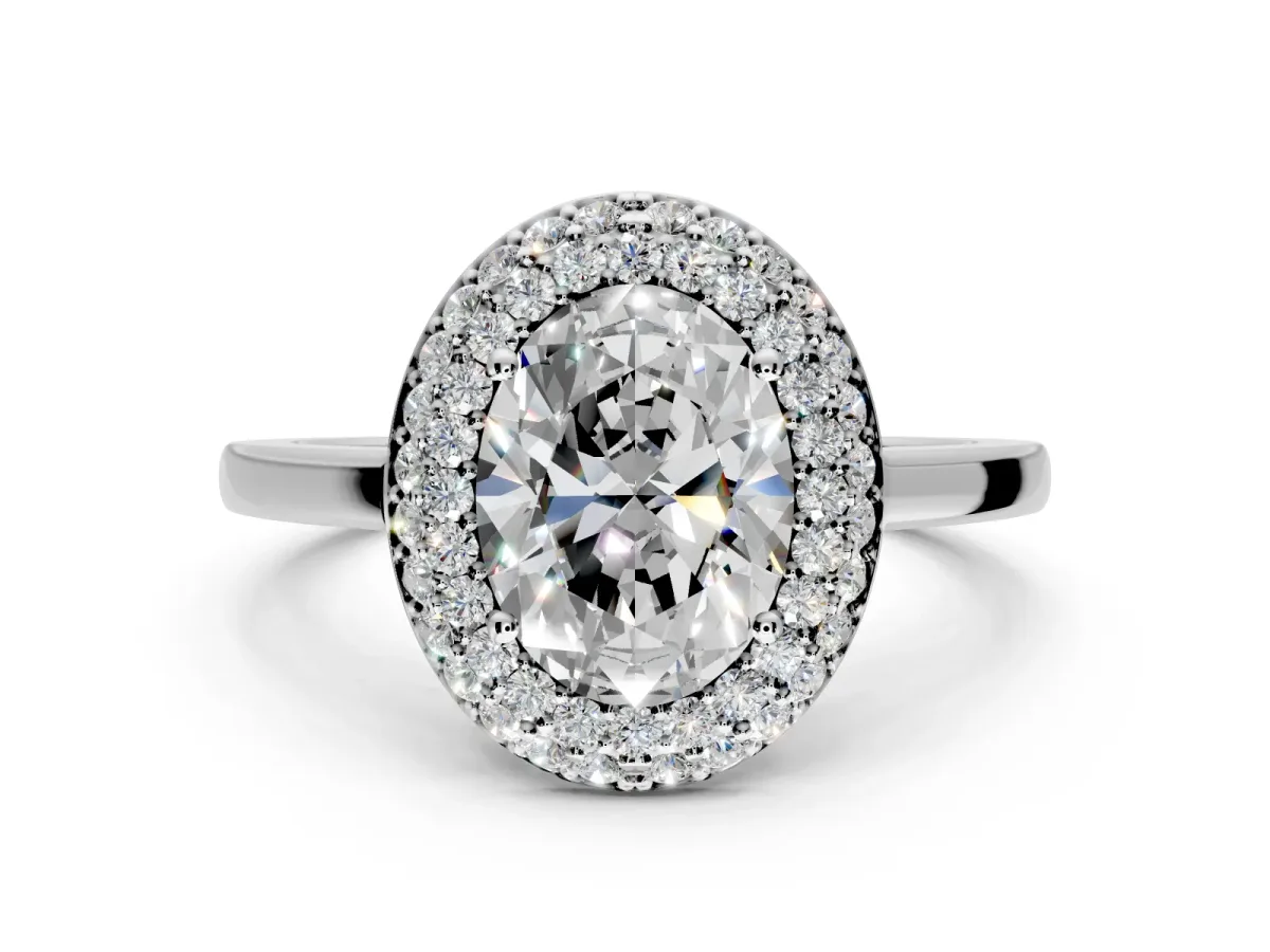 Halo Engagement Ring Setting for Oval Center with Plain Tapered Band and Prong Head in Sterling Silver