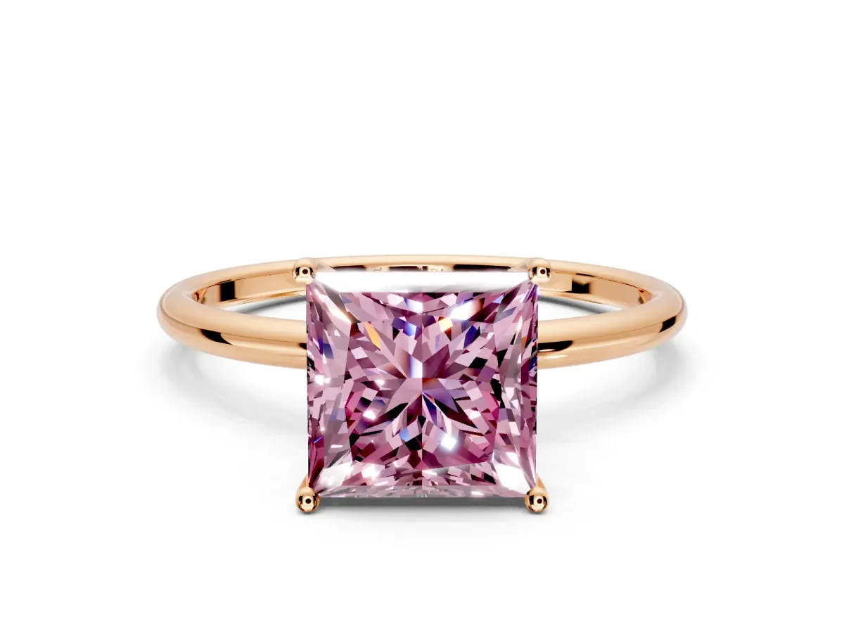 Solitaire Engagement Ring Setting for Fancy Pink Princess Cut Center with Straight Thin Band and Prong Head in Rose Gold