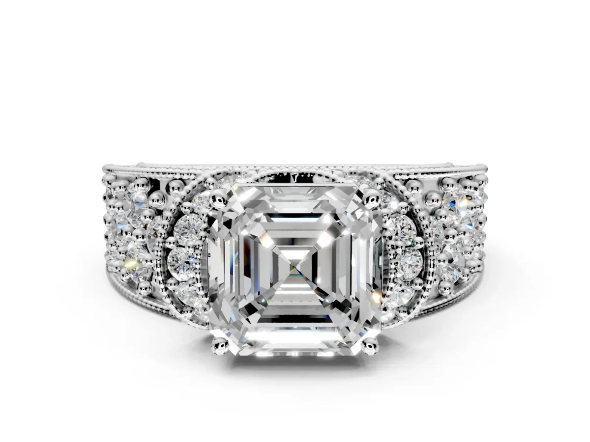 Pave Engagement Ring Setting for Asscher Cut Center with Curved Accent Rows, Openwork and Prong Head in Platinum