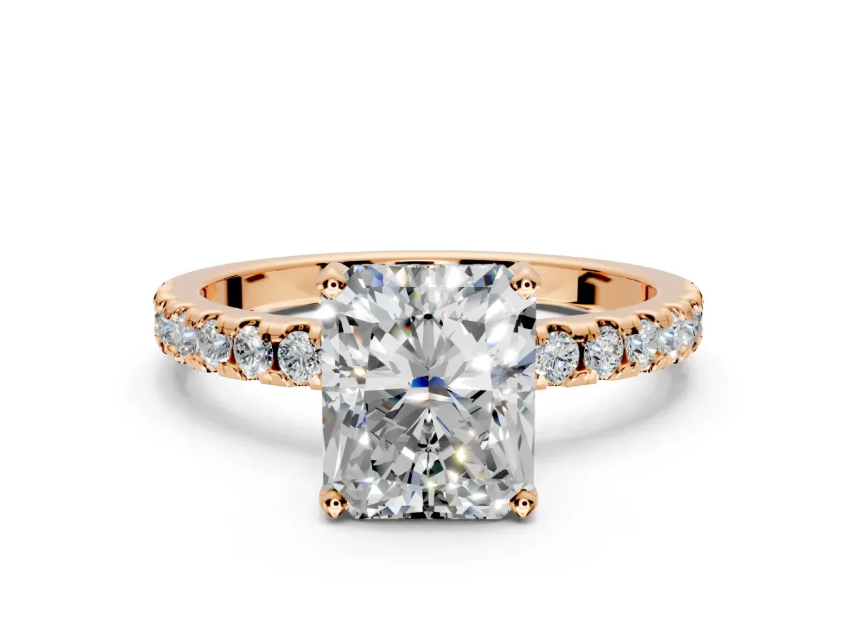 Solitaire Engagement Ring Setting for Radiant Cut Center with Band of Accents and Prong Head in Rose Gold