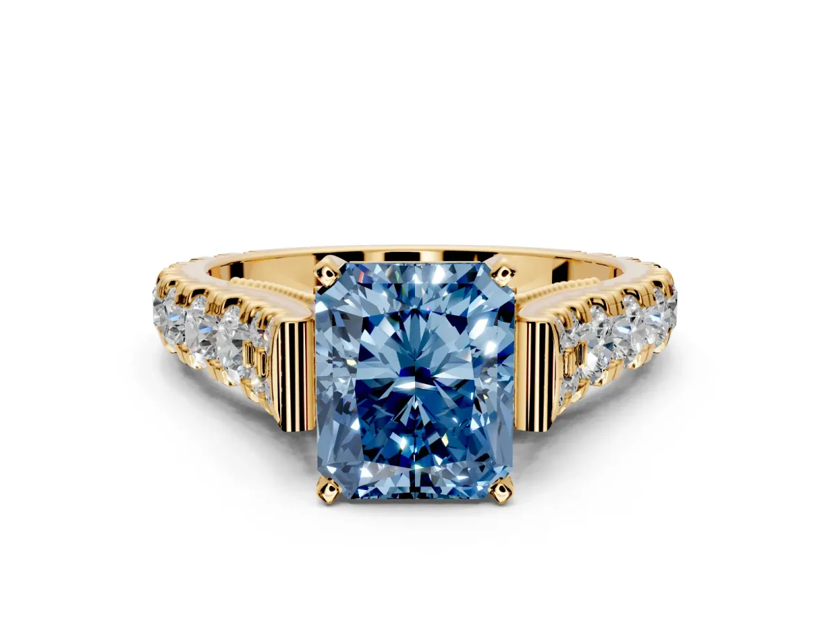 Solitaire Engagement Ring Setting for Fancy Blue Radiant Cut Center with Pave Cathedral Shoulders and Prong Head in Yellow Gold