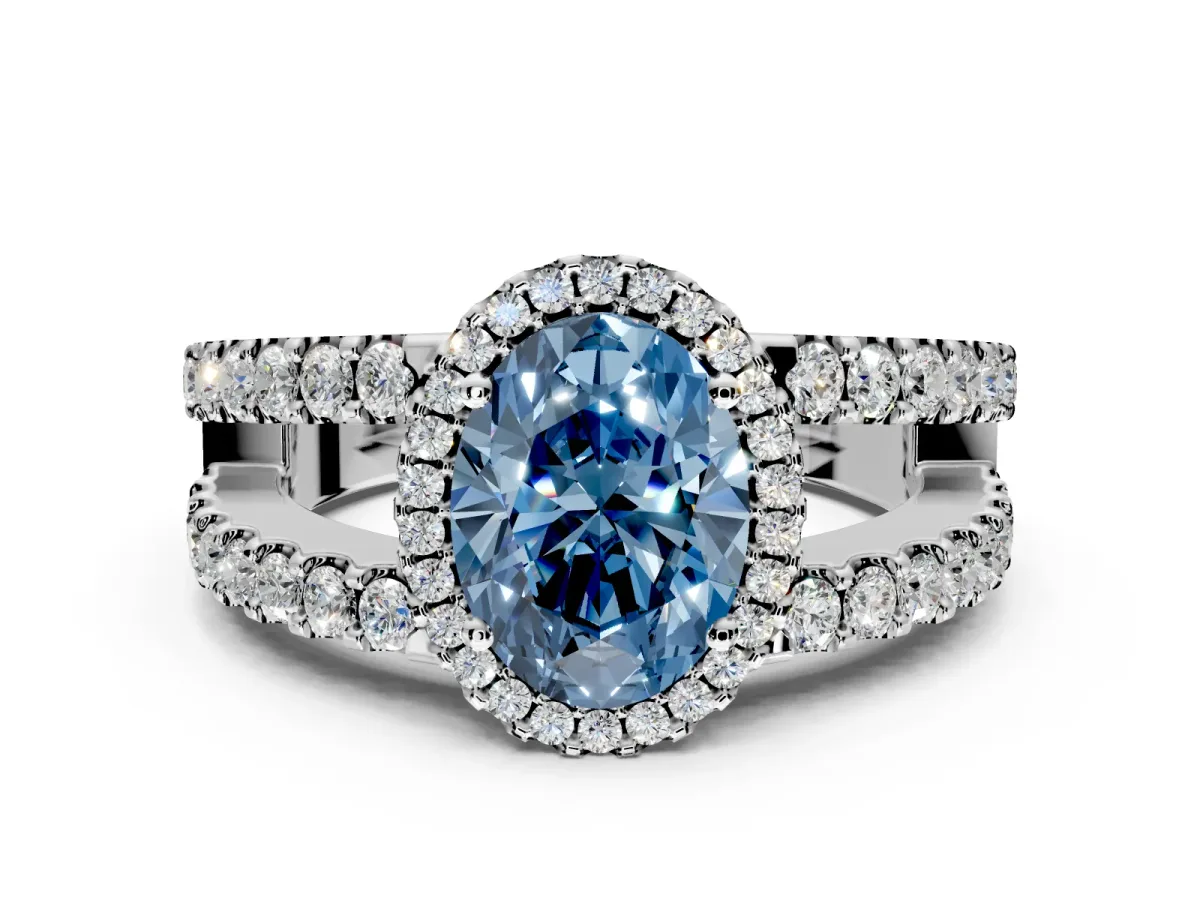 Halo Engagement Ring Setting for Fancy Blue Oval Center with Wide-Open Pave Split Shank and Prong Head in Platinum