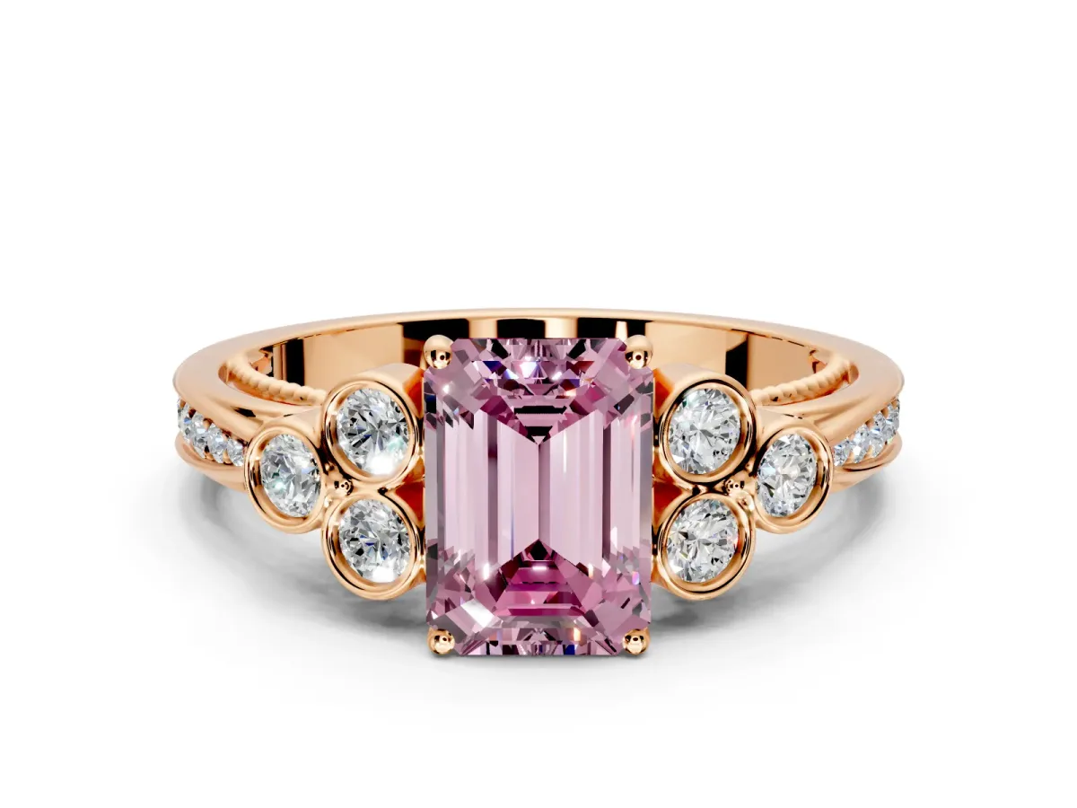 Cluster Engagement Ring Setting for Fancy Pink Emerald Cut Center with Bezel Accent Clusters and Prong Head in Rose Gold