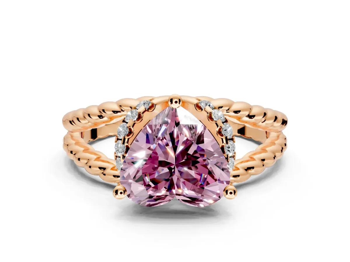Halo Engagement Ring Setting for Fancy Pink Heart-Shaped Center with Rope Twist Split Shank and Prong Head in Rose Gold
