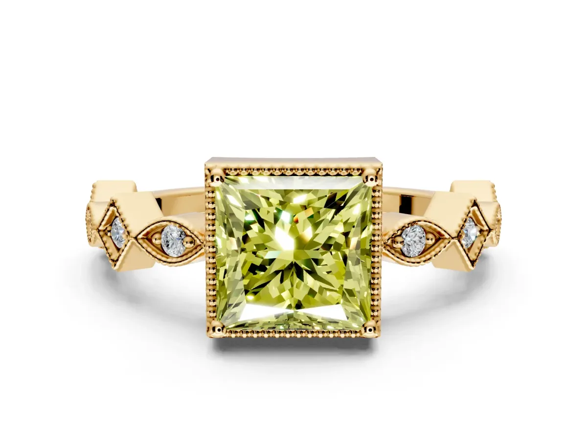 Milgrain Bezel Engagement Ring Setting for Fancy Yellow Princess Cut Center with Marquise Stations and Bezel Head in Yellow Gold
