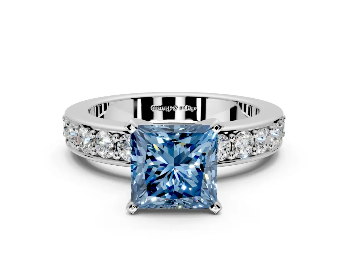 Solitaire Engagement Ring Setting for Fancy Blue Princess Cut Center with Channel-Set Accents and Prong Head in Sterling Silver