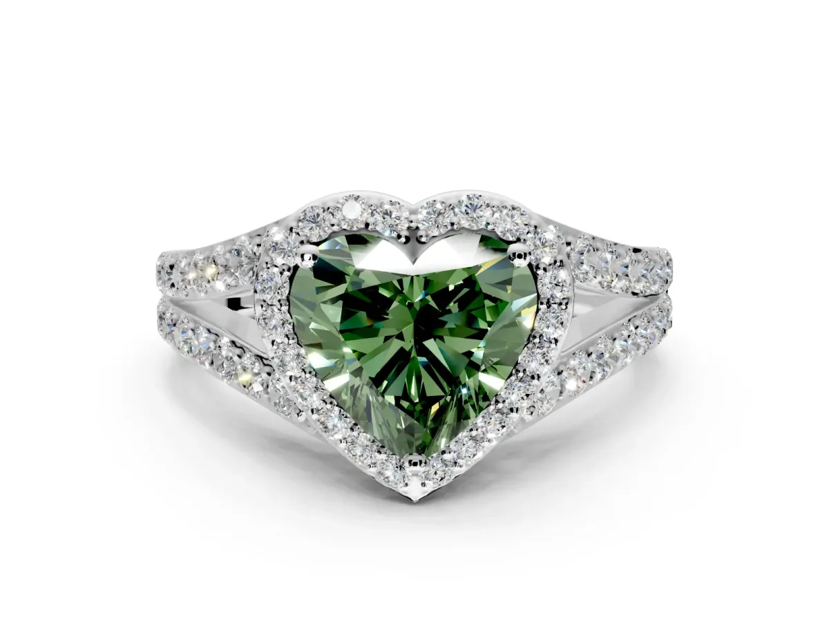 Halo Engagement Ring Setting for Fancy Green Heart-Shaped Center with Narrow Pave Split Shank and Prong Head in White Gold