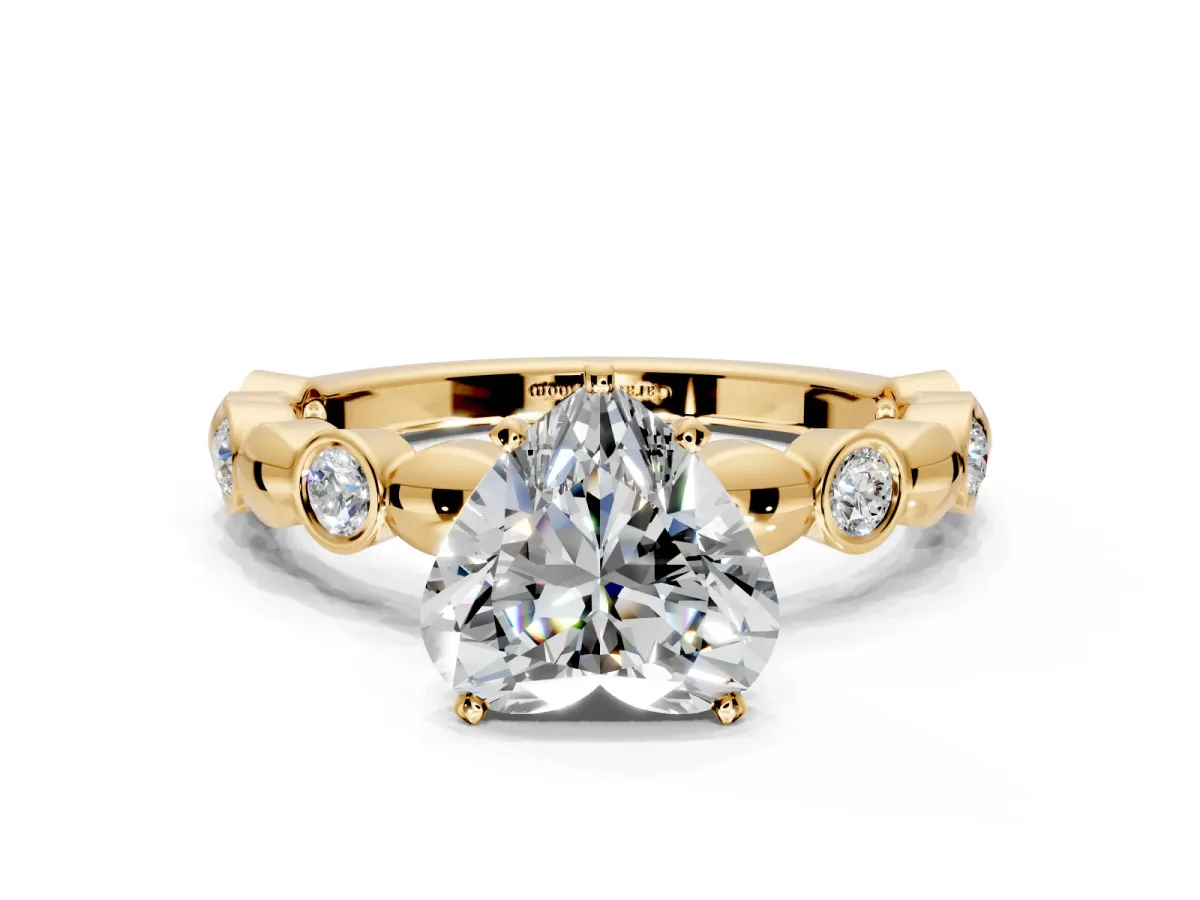 Solitaire Engagement Ring Setting for Heart-Shaped Center with Beaded Bezel Station Band and Prong Head in Yellow Gold