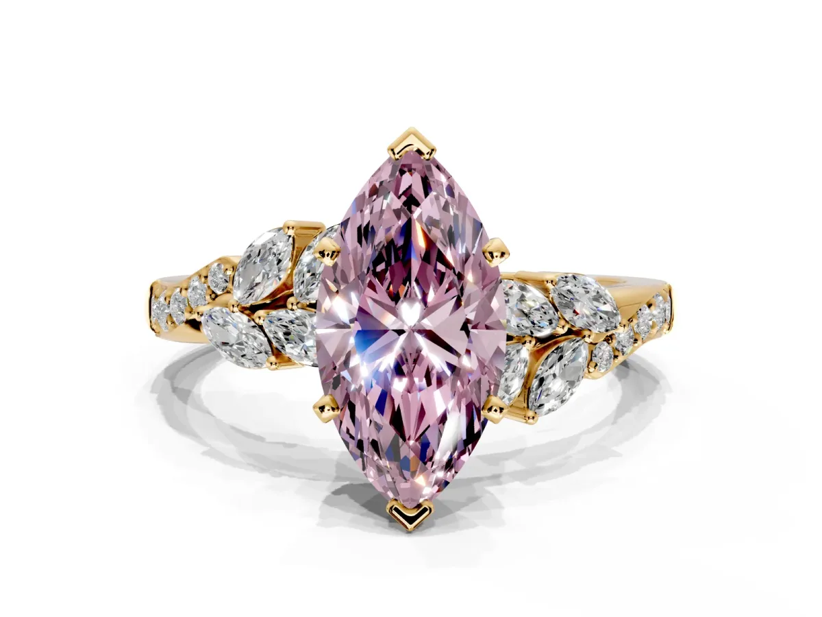 Solitaire Engagement Ring Setting for Fancy Pink Marquise Center with Marquise Accent Twist Band and Prong Head in Yellow Gold