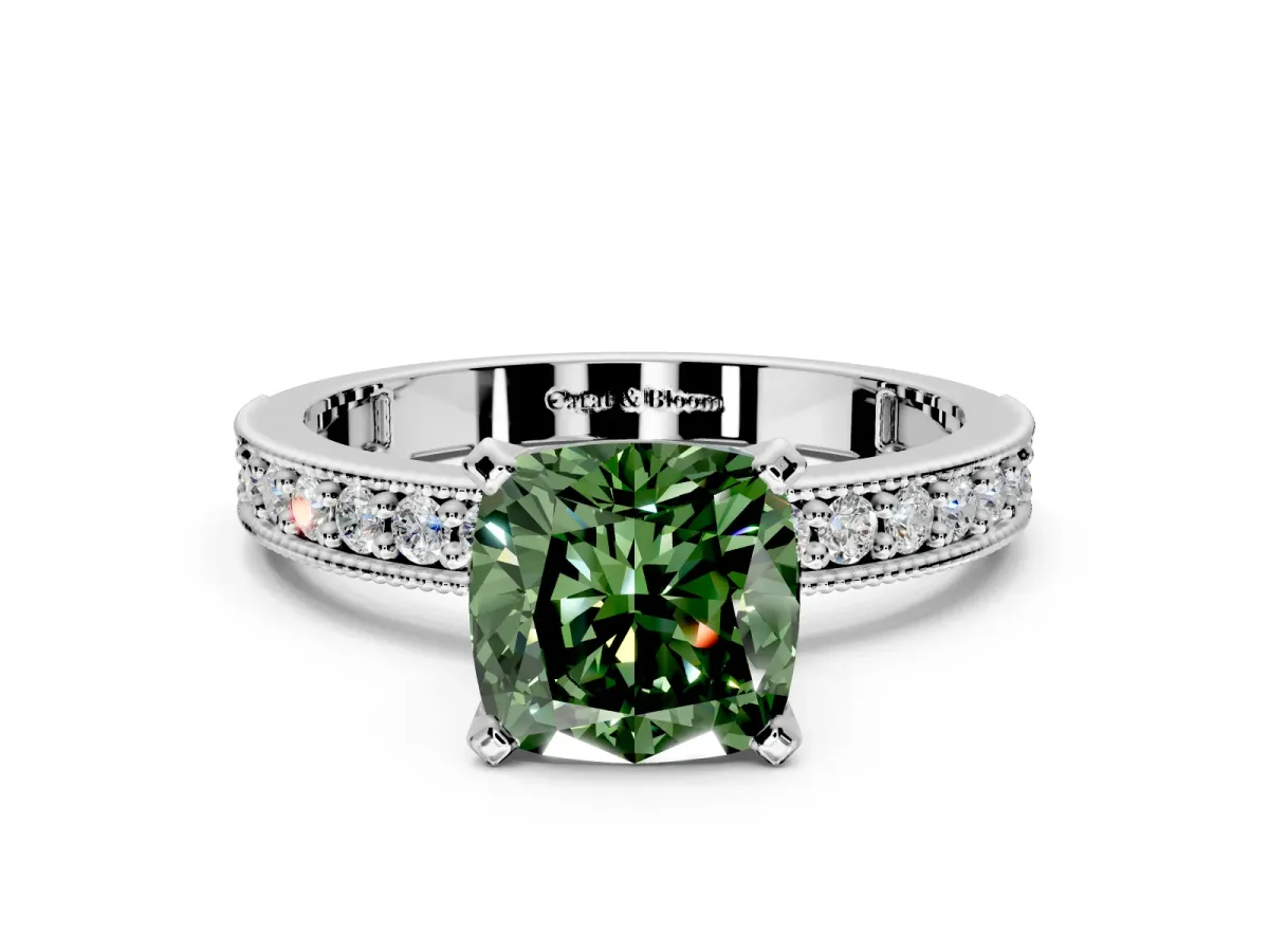 Milgrain Pave Engagement Ring Setting for Fancy Green Cushion Cut Center with Accent Band and Prong Head in Platinum