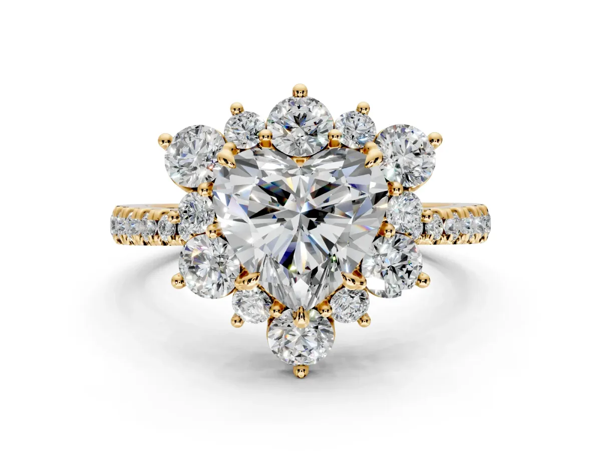 Floral Halo Engagement Ring Setting for Heart-Shaped Center with Pave Accents and Prong Head in Yellow Gold