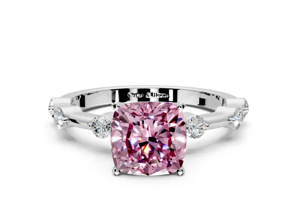 Solitaire Engagement Ring Setting for Fancy Pink Cushion Cut Center with Bezel Station Band and Prong Head in Platinum
