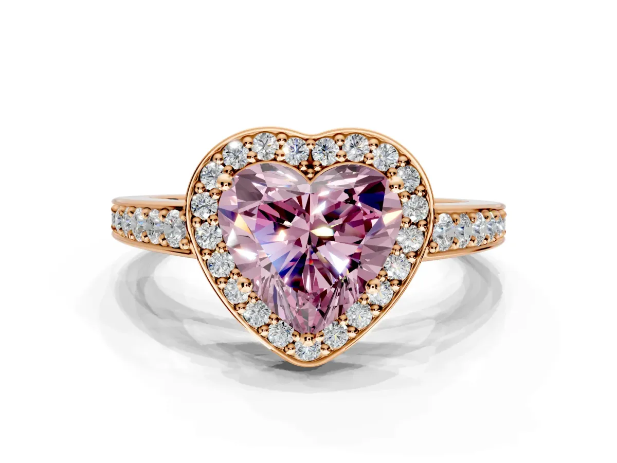 Bezel-Framed Halo Engagement Ring Setting for Fancy Pink Heart-Shaped Center with Pave Band and Prong Head in Rose Gold