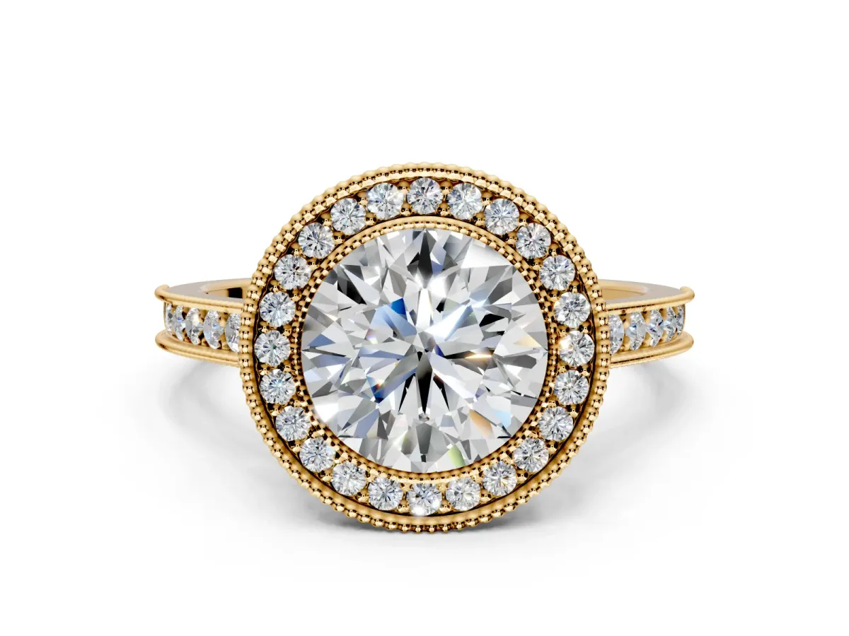 Halo Engagement Ring Setting for Round Cut Center with Milgrain Pave Band and Bezel Head in Yellow Gold