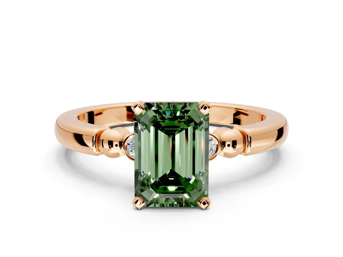 Solitaire Engagement Ring Setting for Fancy Green Emerald Cut Center with Beaded Shoulders and Prong Head in Rose Gold