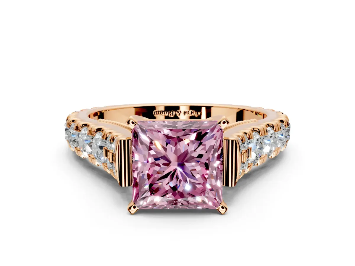 Solitaire Engagement Ring Setting for Fancy Pink Princess Cut Center with Pave Cathedral Shoulders and Prong Head in Rose Gold