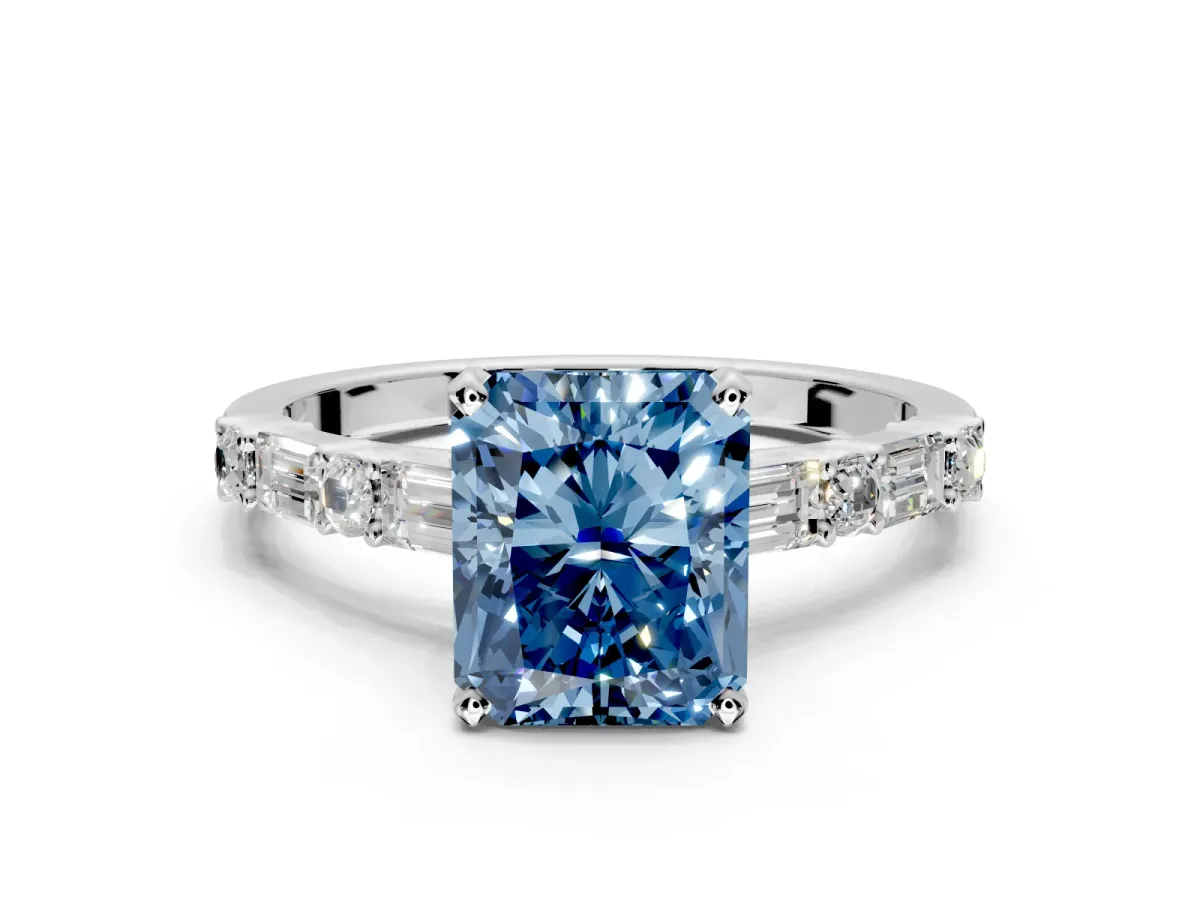 Baguette Engagement Ring Setting for Fancy Blue Radiant Cut Center with Alternating Bar-Set Band and Prong Head in White Gold