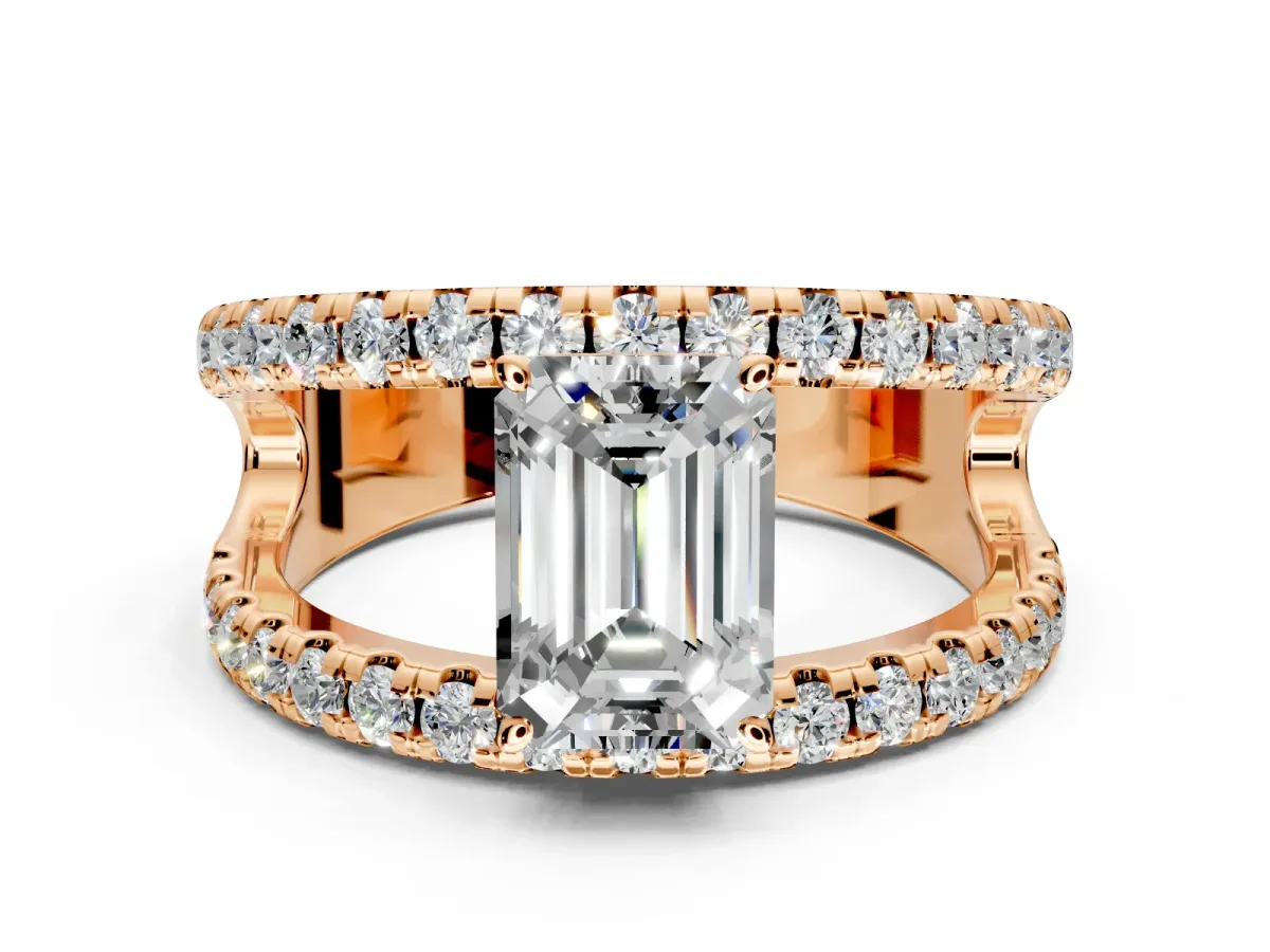 Solitaire Engagement Ring Setting for Emerald Cut Center with Wide-Open Split Shank and Prong Head in Rose Gold