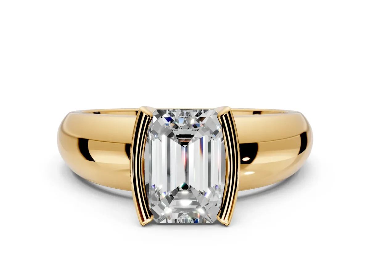 Tension Engagement Ring Setting for Emerald Cut Center with Wide Flat Band and Tension Head in Yellow Gold