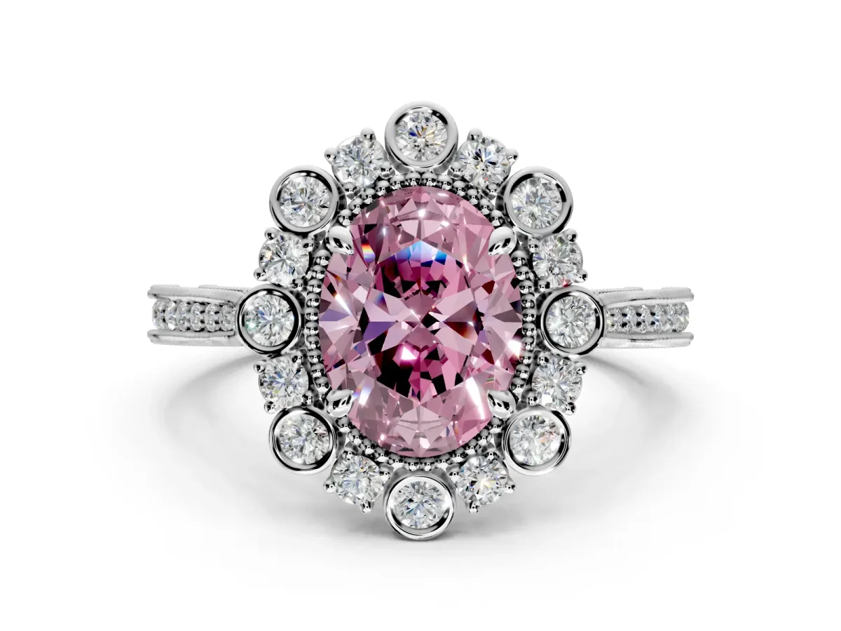 Milgrain Halo Engagement Ring Setting for Fancy Pink Oval Center with Bezel Point Accents and Prong Head in White Gold