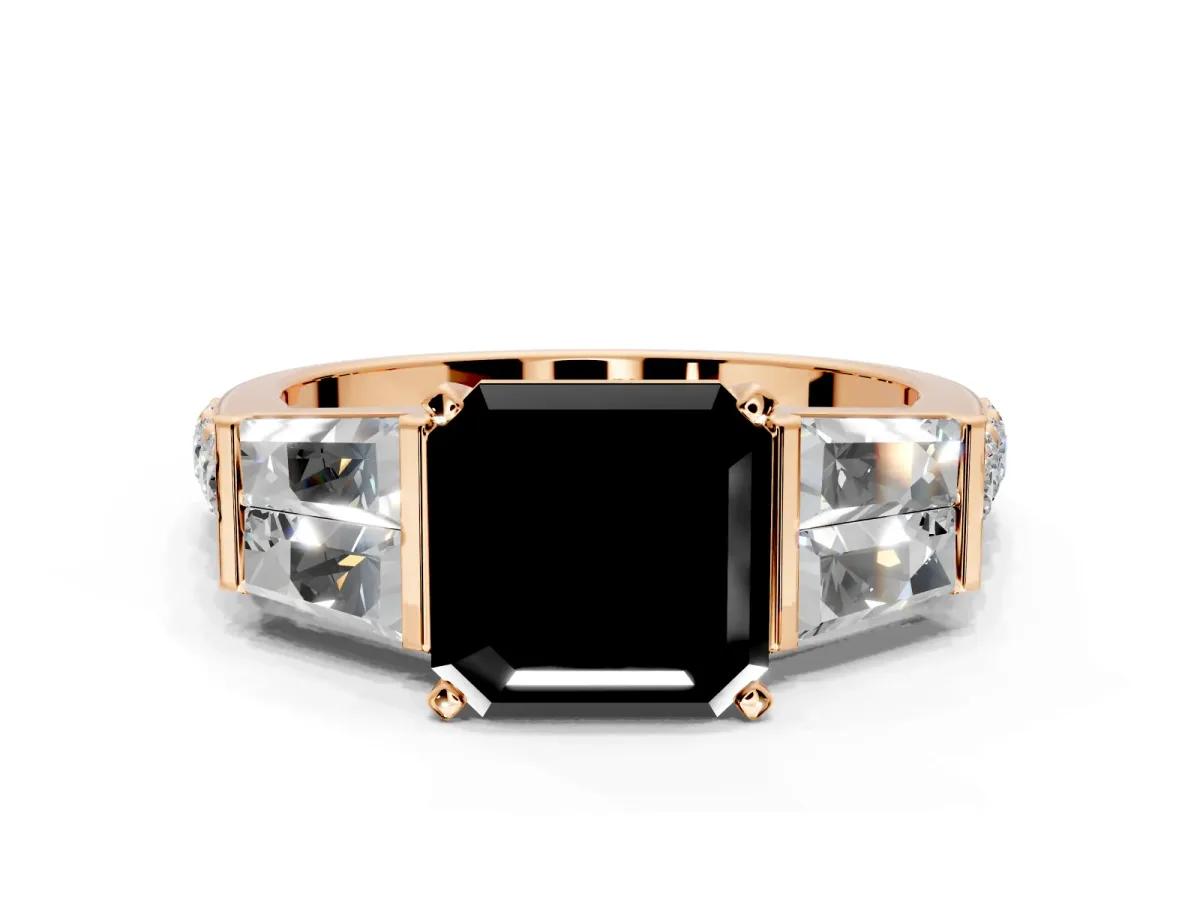 Channel-Set Engagement Ring Setting for Fancy Black Asscher Cut Center with Baguette Band and Prong Head in Rose Gold