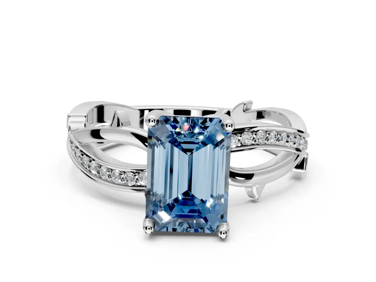 Solitaire Engagement Ring Setting for Fancy Blue Emerald Cut Center with Pave and Plain Crossover Band and Prong Head in White Gold