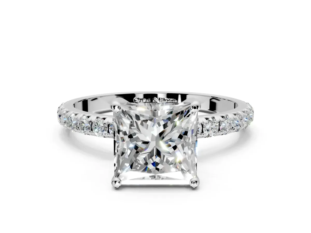 Solitaire Engagement Ring Setting for Princess Cut Center with Micro Pave Band and Prong Head in Platinum