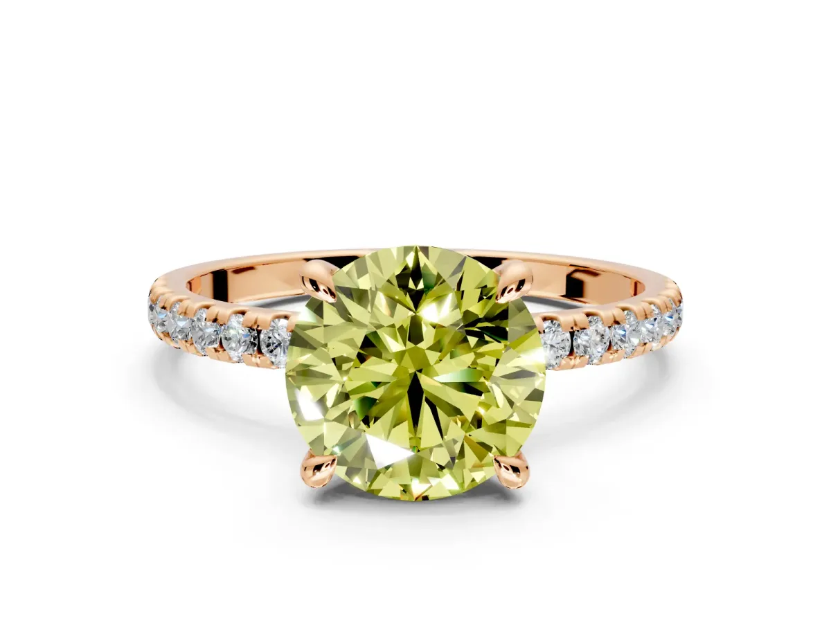 Solitaire Engagement Ring Setting for Fancy Yellow Round Cut Center with Fine Pave Narrow Band and Prong Head in Rose Gold