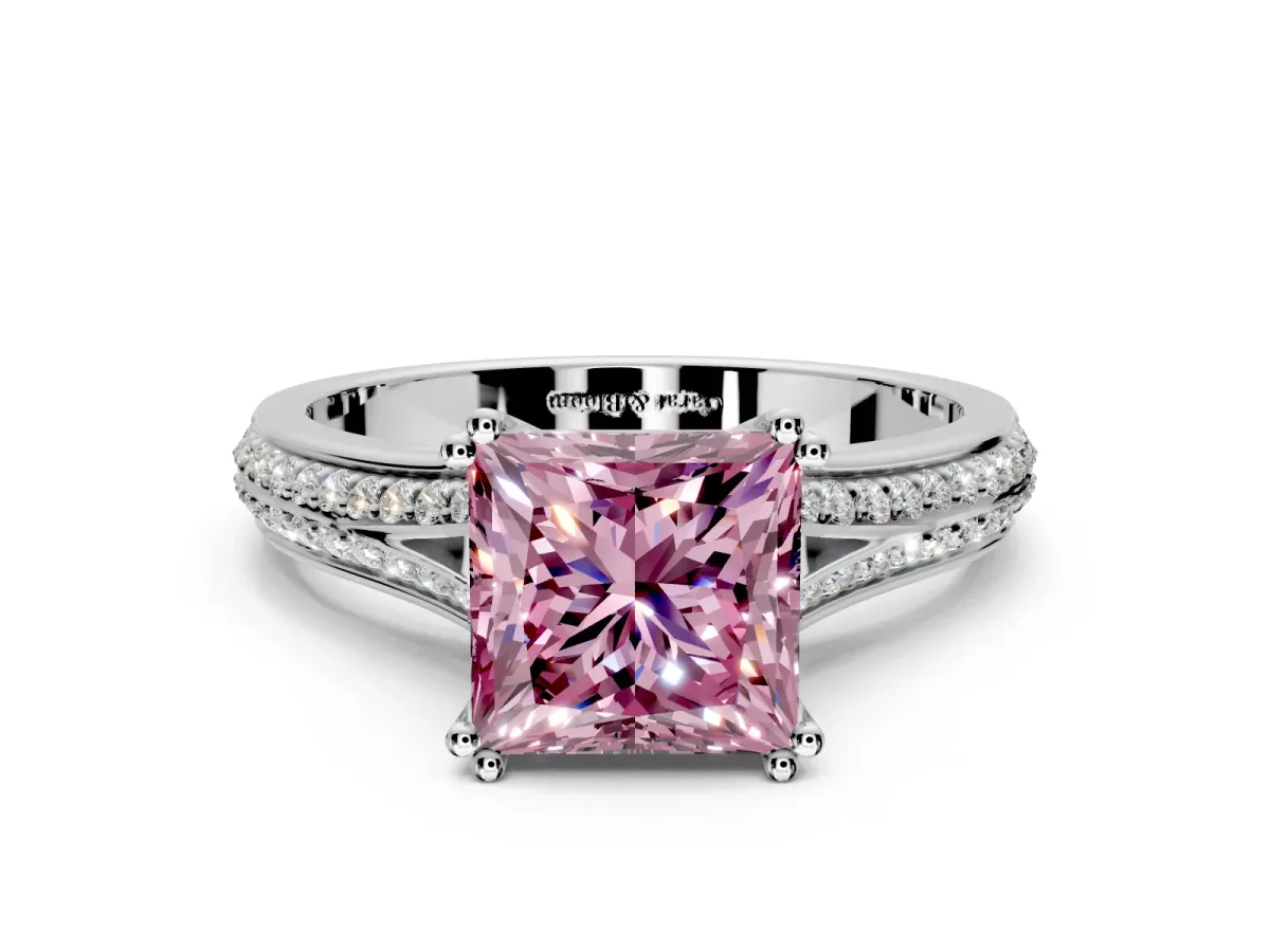 Solitaire Engagement Ring Setting for Fancy Pink Princess Cut Center with Pave Rail Split Shank and Prong Head in Platinum
