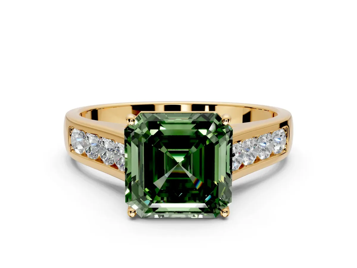 Solitaire Engagement Ring Setting for Fancy Green Asscher Cut Center with Round Cut Channel Band and Prong Head in Yellow Gold