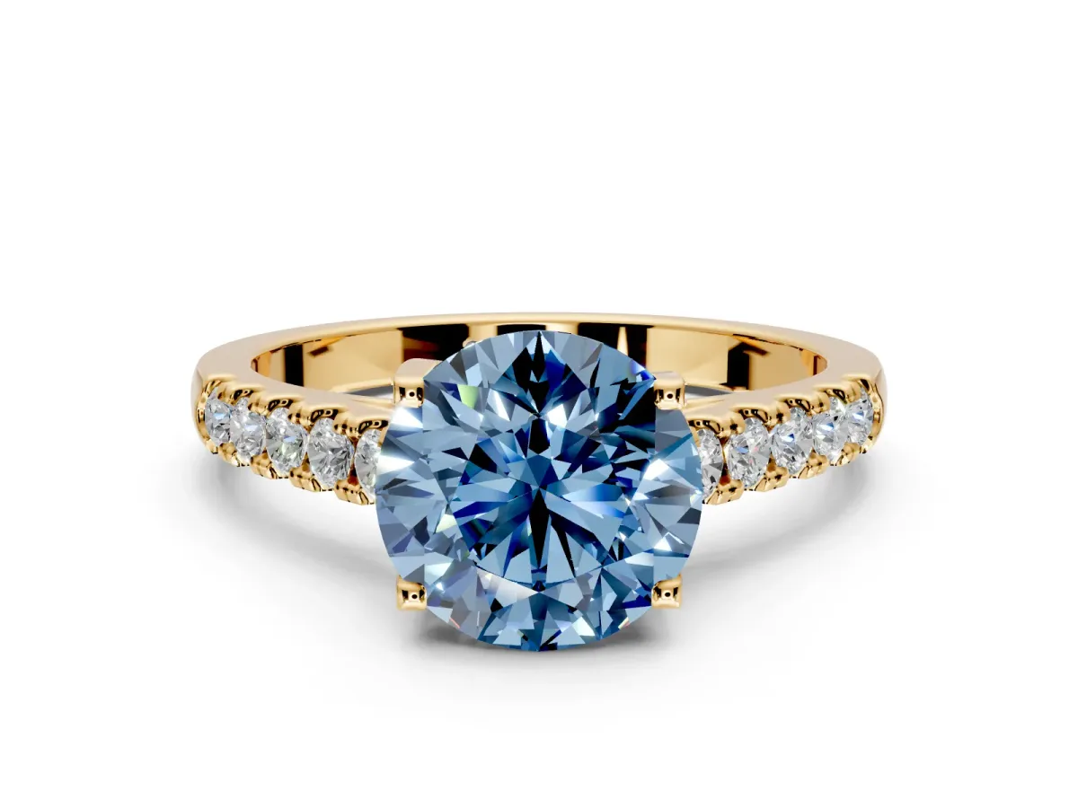 Solitaire Engagement Ring Setting for Fancy Blue Round Cut Center with Partway Pave Band and Prong Head in Yellow Gold