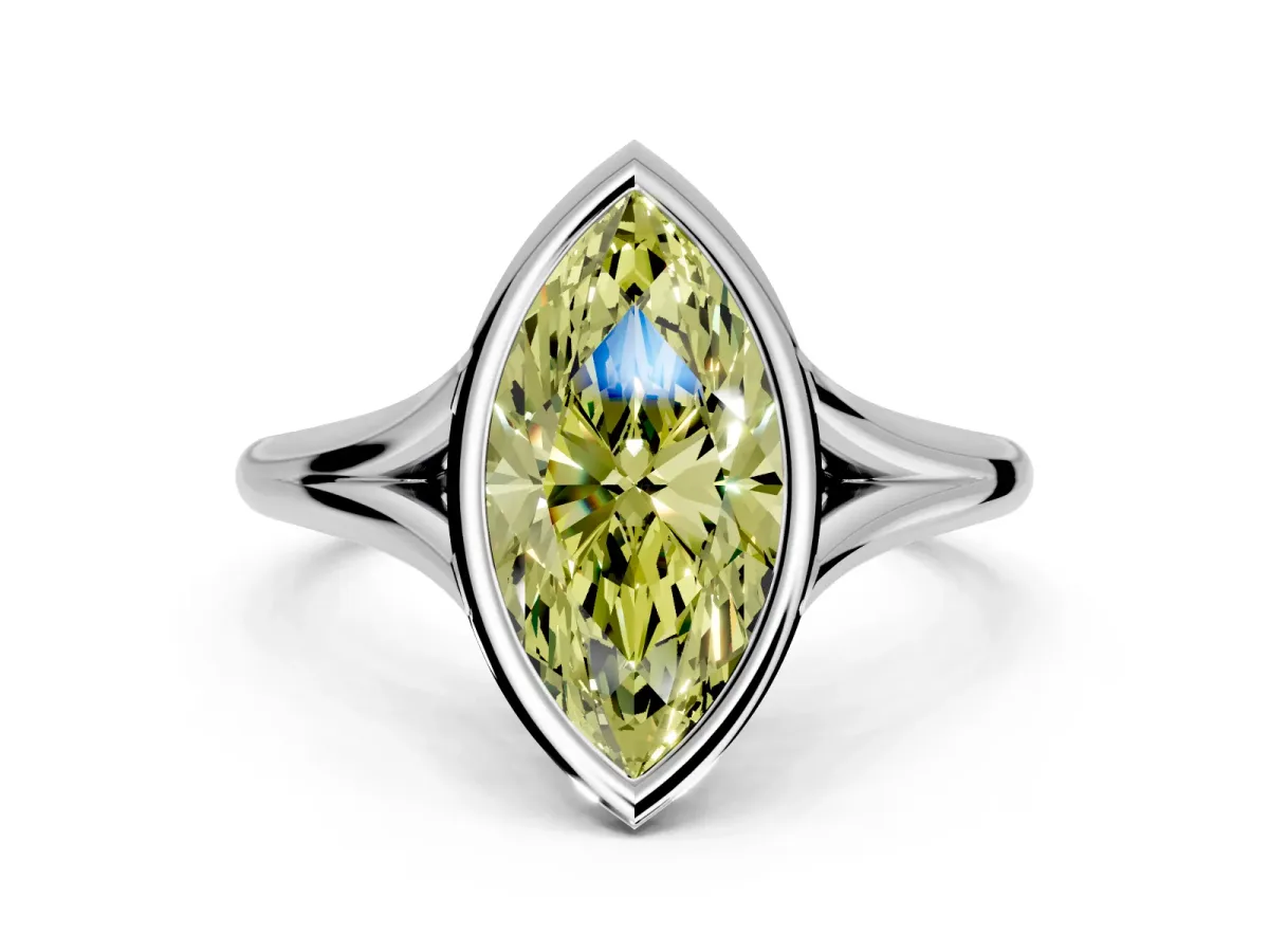 Solitaire Engagement Ring Setting for Fancy Yellow Marquise Center with V Split Shank and Bezel Head in White Gold