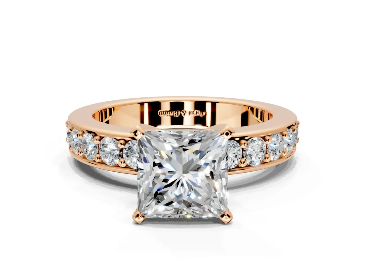 Solitaire Engagement Ring Setting for Princess Cut Center with Channel-Set Accents and Prong Head in Rose Gold
