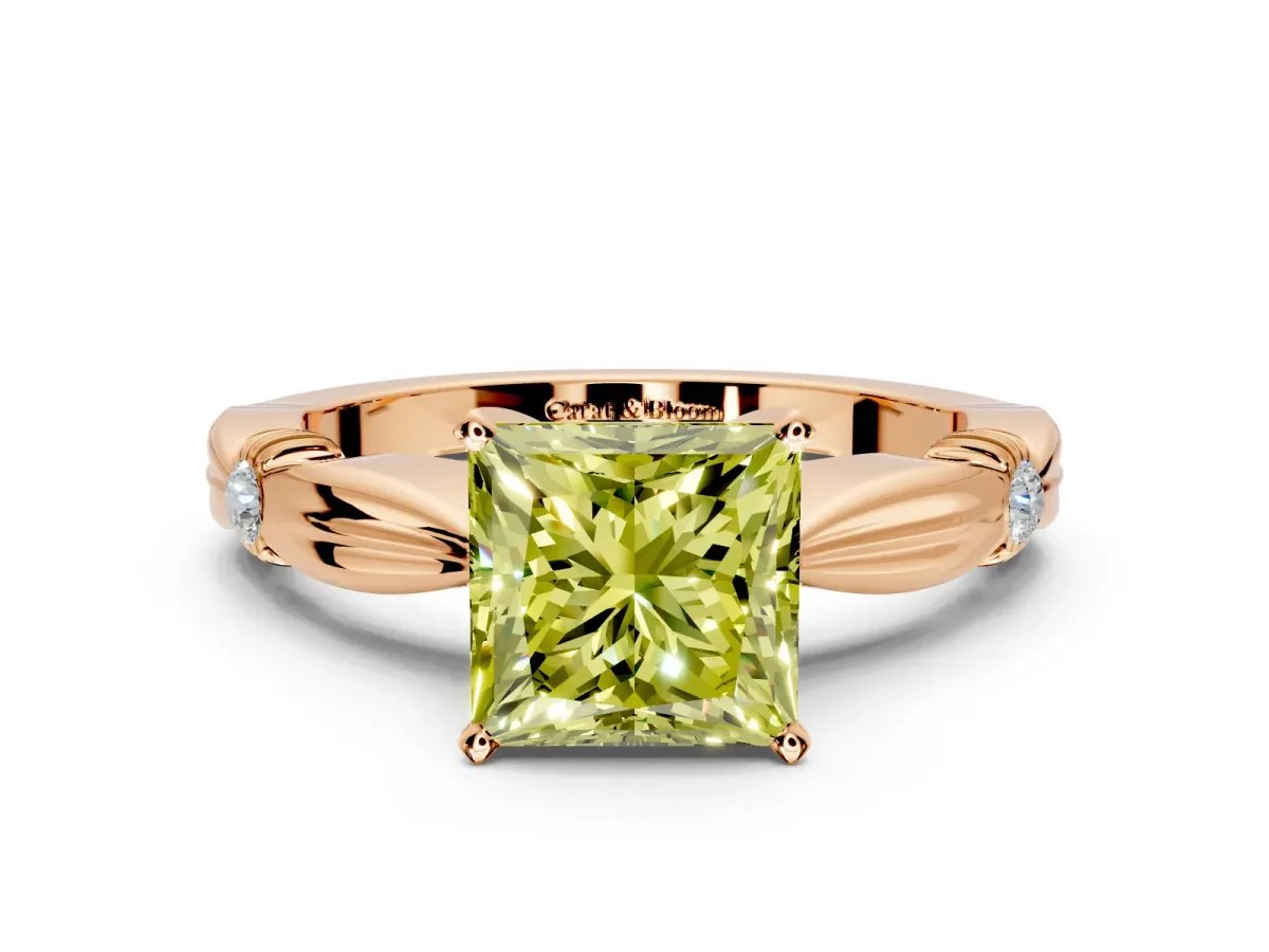 Solitaire Engagement Ring Setting for Fancy Yellow Princess Cut Center with Carved Leaf Shoulders and Prong Head in Rose Gold