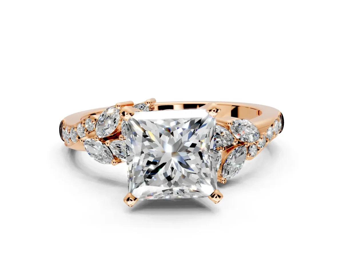 Solitaire Engagement Ring Setting for Princess Cut Center with Marquise Accent Twist Band and Prong Head in Rose Gold