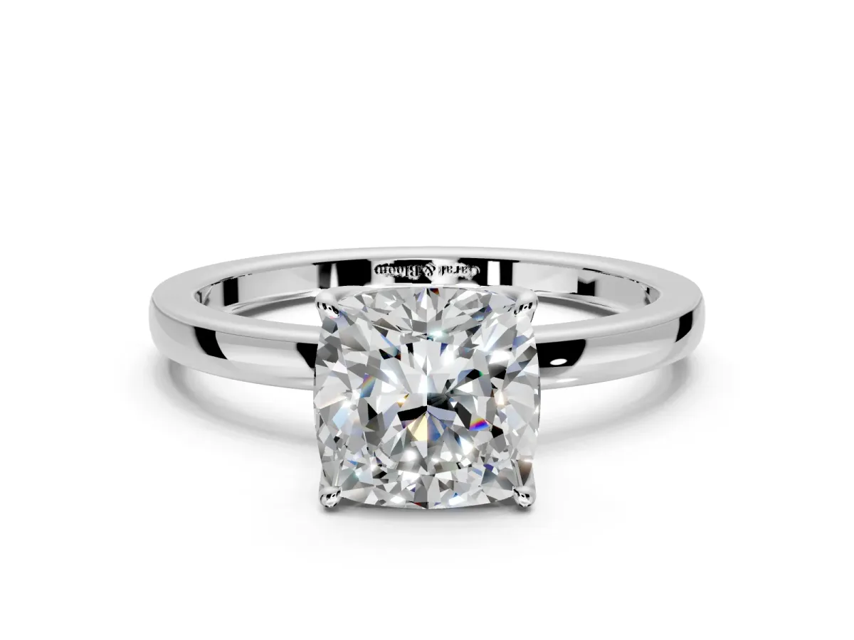 Solitaire Engagement Ring Setting for Cushion Cut Center with Thin Rounded Plain Band and Prong Head in Sterling Silver