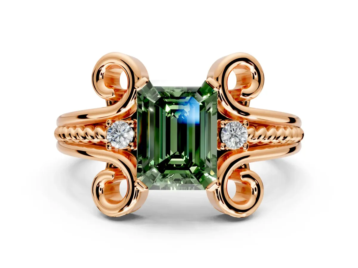 Solitaire Engagement Ring Setting for Fancy Green Emerald Cut Center with Twisted Band and Scroll Prong Head in Rose Gold