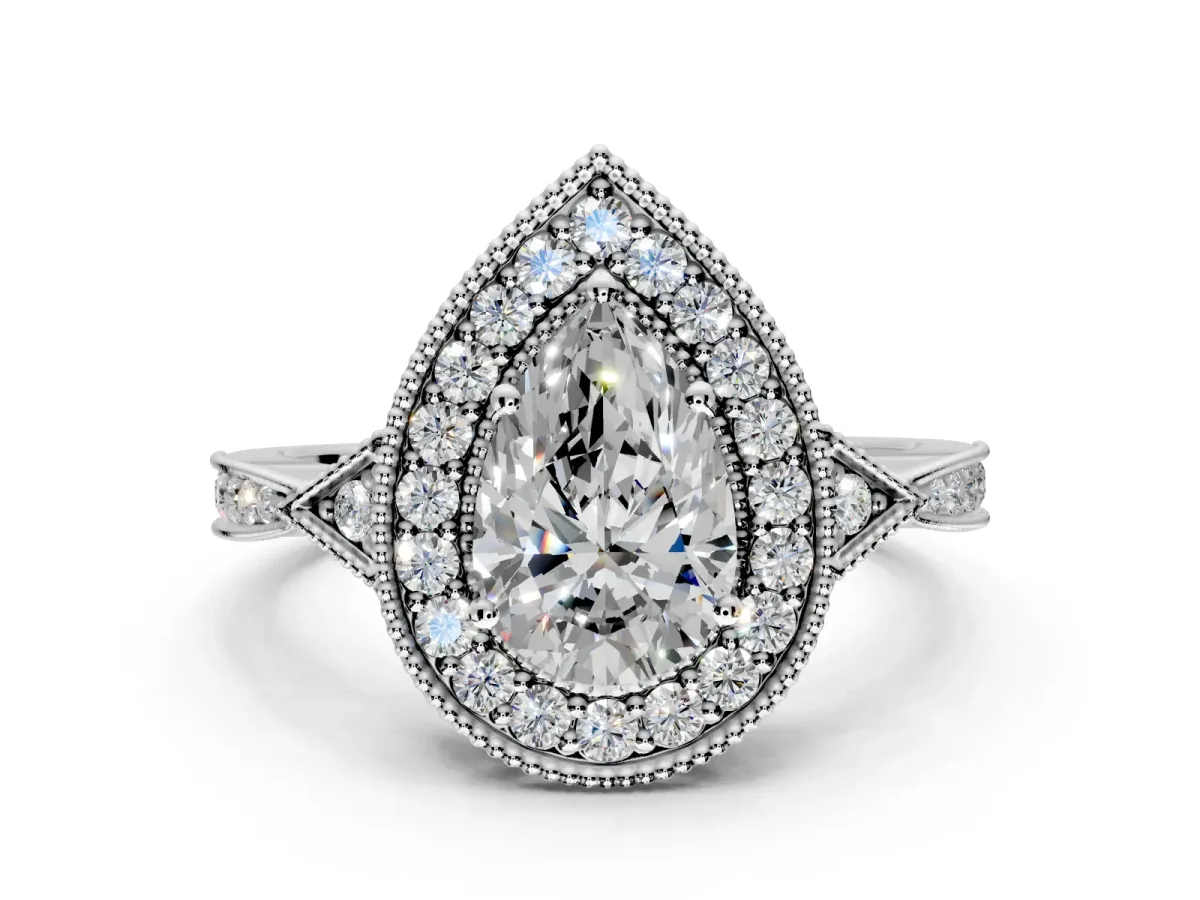 Halo Engagement Ring Setting for Pear-Shaped Center with Milgrain Rim, Pave Band and Prong Head in Sterling Silver
