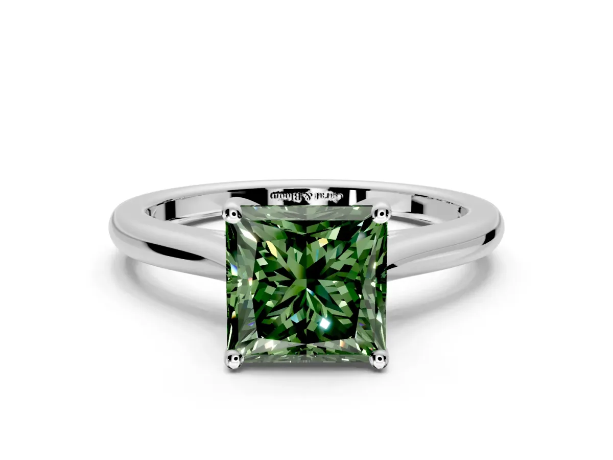 Solitaire Engagement Ring Setting for Fancy Green Princess Cut Center with Narrow Cathedral Band and Prong Head in Platinum