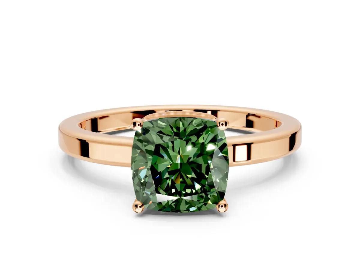 Hidden Halo Engagement Ring Setting for Fancy Green Cushion Cut Center with Wide Flat Plain Band and Prong Head in Rose Gold