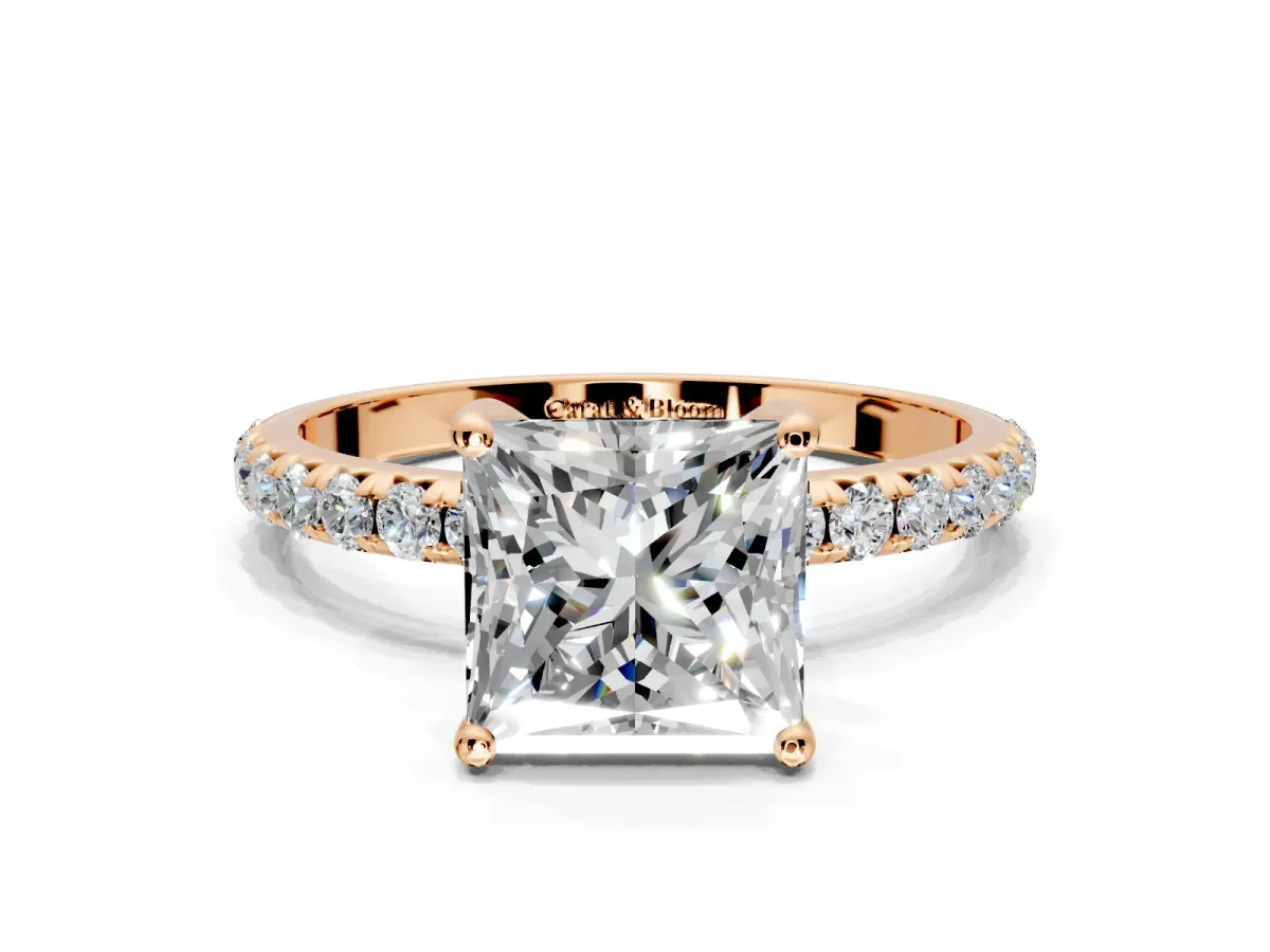 Solitaire Engagement Ring Setting for Princess Cut Center with Micro Pave Band and Prong Head in Rose Gold